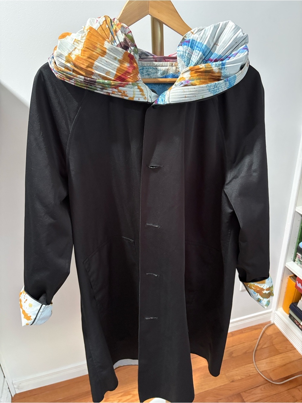 Desigual Black Trench Coat with Multicolor Hood and Cuffs